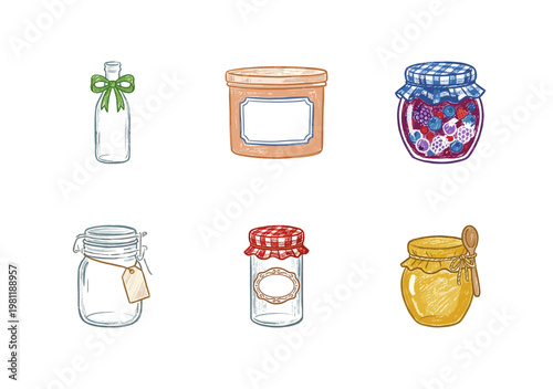 Kitchen Food Jars and Glass Storage Containers with Inky Pencil Texture and Crayon Colorful Style for Pantry Organization and Preserves