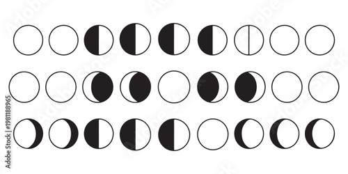 Complete set of moon phases icons, illustrating the lunar cycle from new moon to full moon in a minimalist black and white vector style.