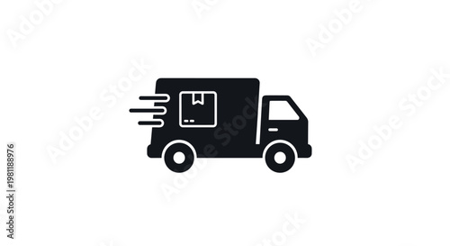 Black silhouette of a delivery truck with motion lines, symbolizing fast shipping, express delivery, efficient logistics, and rapid transportation.