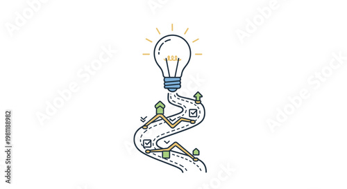 Winding path with checkpoints leading to an illuminating light bulb, symbolizing the journey of idea generation, problem-solving, and innovative discovery.