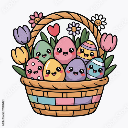 Colorful Easter eggs in a basket with flowers and smiling faces