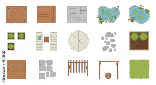 Top view vector illustration set of garden elements including wooden decks pavers and landscape features