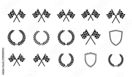 Racing emblem collection vector flags wreath shield black white set