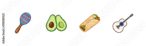 Mexican Culture and Traditional Food Elements with Inky Brush Strokes and Crayon Colorful Style