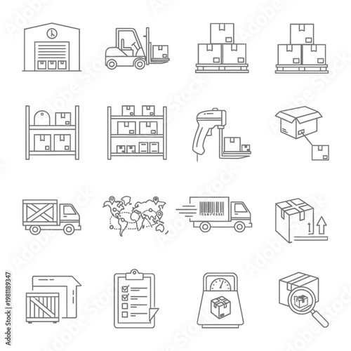 Logistics warehouse delivery service icons set