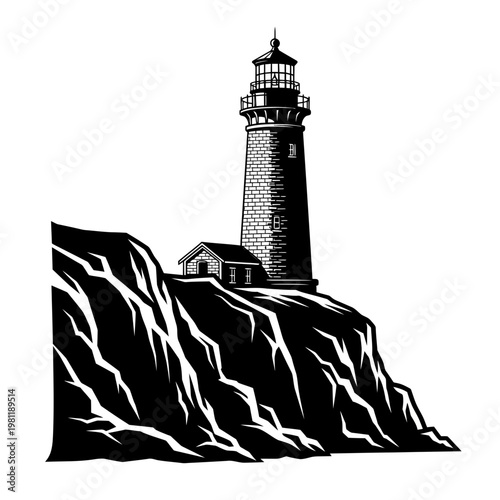 Black and white illustration of a lighthouse on a rocky cliff