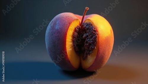 Overripe peach cut open revealing spoiled dark center. Fruit decay texture shows in studio lighting. Natural food waste concept, overmature object detail surface.