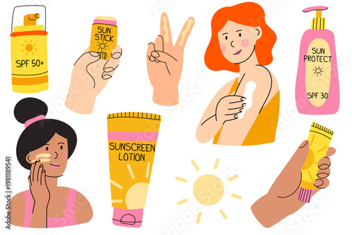 Sunscreen and Sun Protection Skincare. Flat vector set of sunscreen products and application routine including SPF lotion, sun stick and skincare elements, perfect for summer beauty and health design.