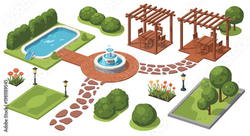 Isometric garden vector illustration featuring a swimming pool, stone pathways, water fountain, and wooden pergola structures