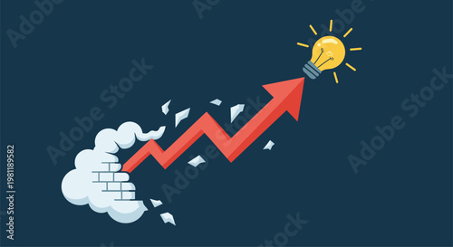 Bright light bulb on an upward trending arrow symbolizing innovative ideas breaking through obstacles to achieve success and progress.