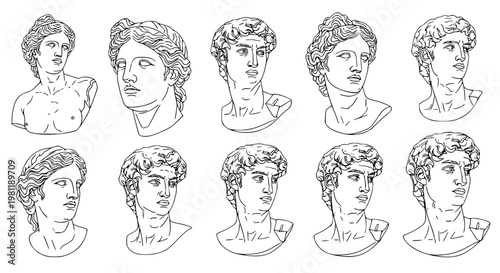 Minimal linear Greek sculpture collection vector ancient statue Venus Apollo David illustration