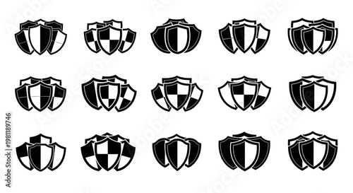 Collection of stylized shield emblems and symbols representing protection security and defense in a clean modern graphic design with a monochrome black and white palette perfect