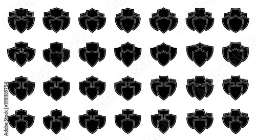 Collection of black shield icons representing security protection defense and strength arranged in a grid pattern on a clean white background ideal for digital safety