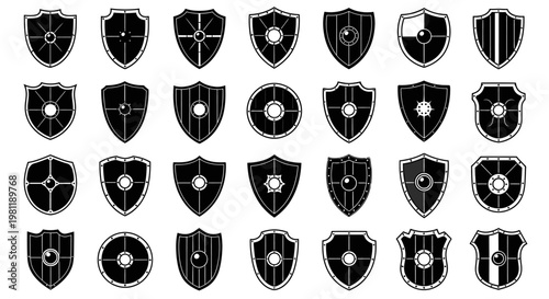 Collection of diverse medieval heraldic shields and round bucklers with textured grunge detail representing protection history and defense concepts in black and white graphic style