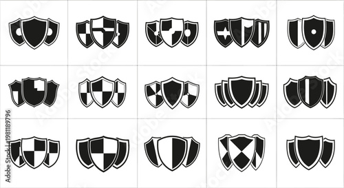 Collection of diverse shield emblems and crests in a clean modern graphic style representing security protection and heraldry with a minimalist aesthetic on a white background