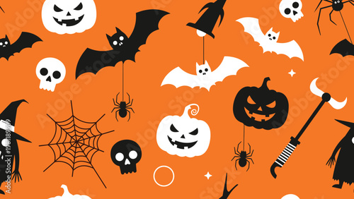 Seamless halloween pattern featuring spooky silhouettes of bats, spiders, skulls, and jack-o-lanterns on a bright orange field.