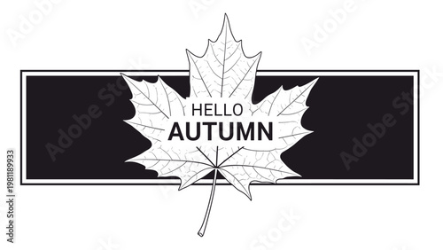 Minimalist hello autumn logo featuring a detailed maple leaf outline centered over a bold black horizontal bar for fall branding.