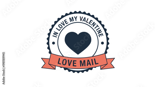 Circular love mail seal featuring a dark heart silhouette and a red banner with text in a clean vintage stamp style design.