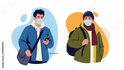 Two young men wearing protective medical face masks and winter clothing while carrying bags and looking at their mobile phones.