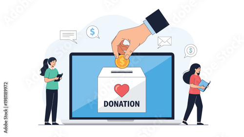 Online charity donation concept featuring a large hand putting a gold coin into a donation box on a laptop screen with people.