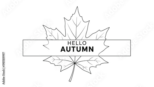 Clean minimalist logo for hello autumn with a detailed black line art outline of a maple leaf behind a horizontal title bar.