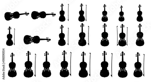 Collection of silhouetted violins and bows in various poses including horizontal vertical and angled orientations against a clean white background ideal for music education