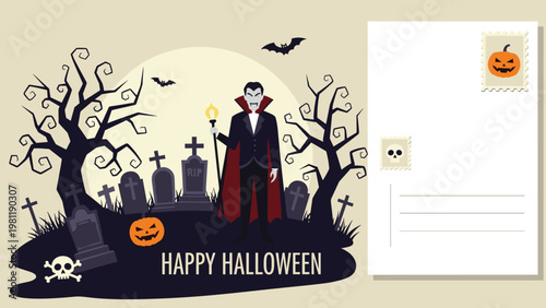 Spooky halloween postcard design includes a vampire in a graveyard with tombstones, bats, pumpkins, and a blank space for a stamp and address.