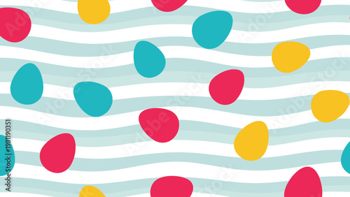 Vibrant easter egg pattern features colorful oval shapes scattered over a background of wavy light blue lines for a cheerful holiday theme.