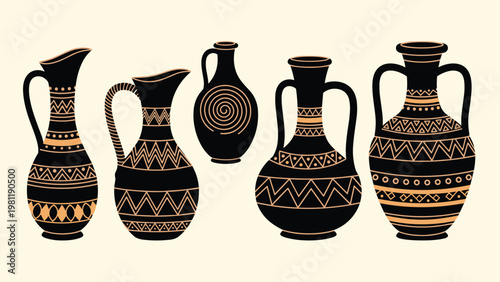 Collection of five black ancient greek style vases features various shapes and intricate orange patterns including spirals, zigzags, and dots.
