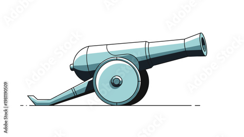 Detailed illustration of an old fashioned metal cannon on wheels is shown from a side profile against a plain white background for historical use.