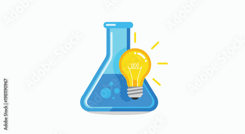 Laboratory flask containing a glowing light bulb, symbolizing scientific innovation, groundbreaking research, and new discoveries.