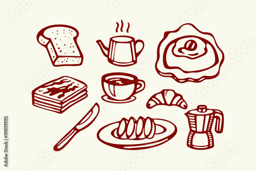 Hand-drawn morning meal featuring toast coffee croissant moka pot hot drink baked goods italian coffee breakfast croissant illustration isolated collection wholesome delicious