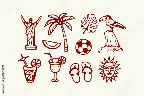 Doodle collection of south american travel icons including christ the redeemer palm trees a toucan with rio de janeiro hand drawn palm tree flip flops illustration cocktail vacation