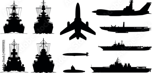 Quadro su tela Military naval fleet and aircraft silhouettes collection featuring warships subm
