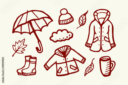 Doodle of autumn and winter clothing items including a raincoat boots umbrella with hand drawn hot drink clothing illustration raincoat umbrella protection accessories seasonal