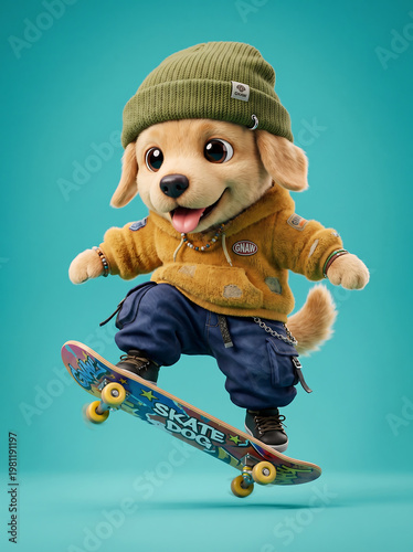 Cute cartoon puppy skateboarding wearing beanie and jacket