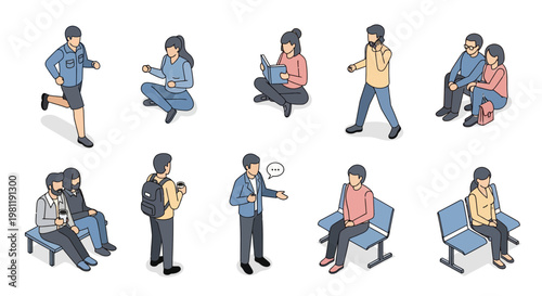 Isometric vector graphic design featuring diverse individuals in various poses and daily life situations.