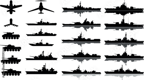 Military vehicle and warship silhouettes collection featuring tanks aircraft helicopters and naval ships defense transport vector illustration set