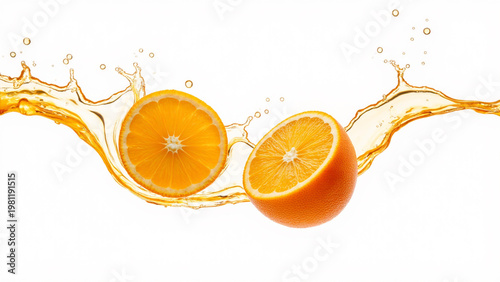 Fresh orange halves with juice splash isolated on white background, citrus beverage concept