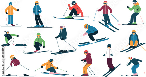 Large collection of flat vector characters featuring diverse skiers and snowboarders in colorful winter gear and action poses isolated on white.