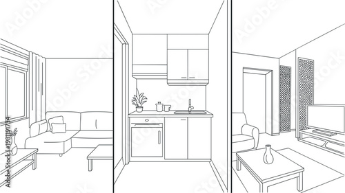 Modern apartment interior cutaway line art featuring living room kitchen and bedroom layout minimal home design vector illustration
