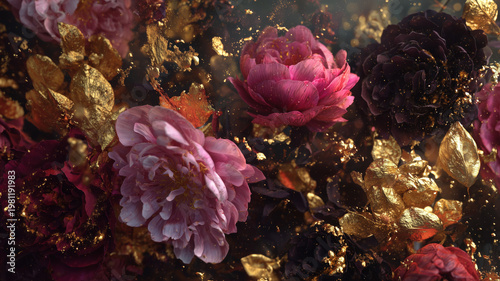 Pink and golden flowers, floral design for prints, postcards or wallpaper