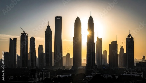 Silhouetted cityscape against golden sunset. Skyscrapers dominate the skyline, creating dramatic contrast with the bright sun