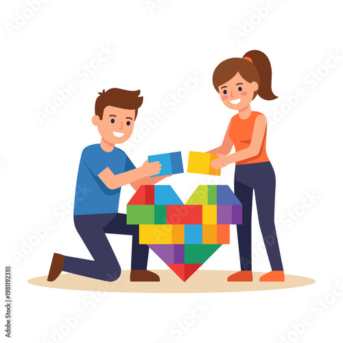 A couple builds a colorful heart from puzzle pieces.