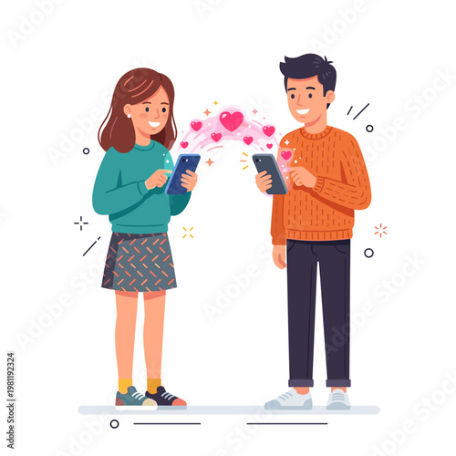 A couple exchanges heart messages using their smartphones.