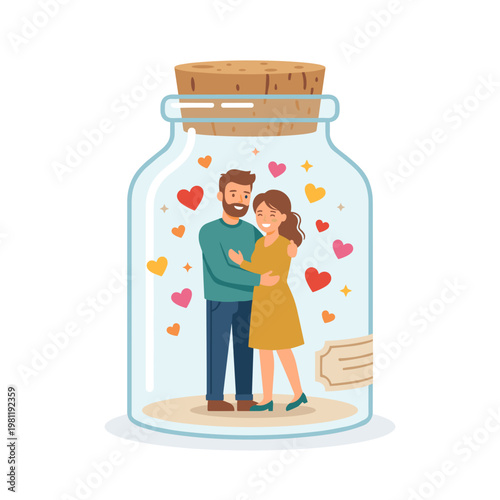 A couple in a message bottle surrounded by hearts.