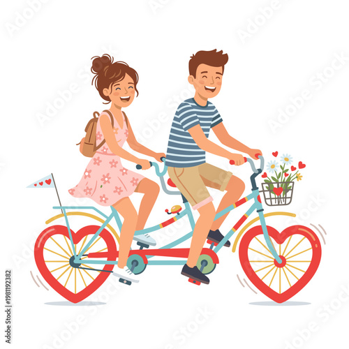 A happy couple rides a tandem bicycle with heart wheels.