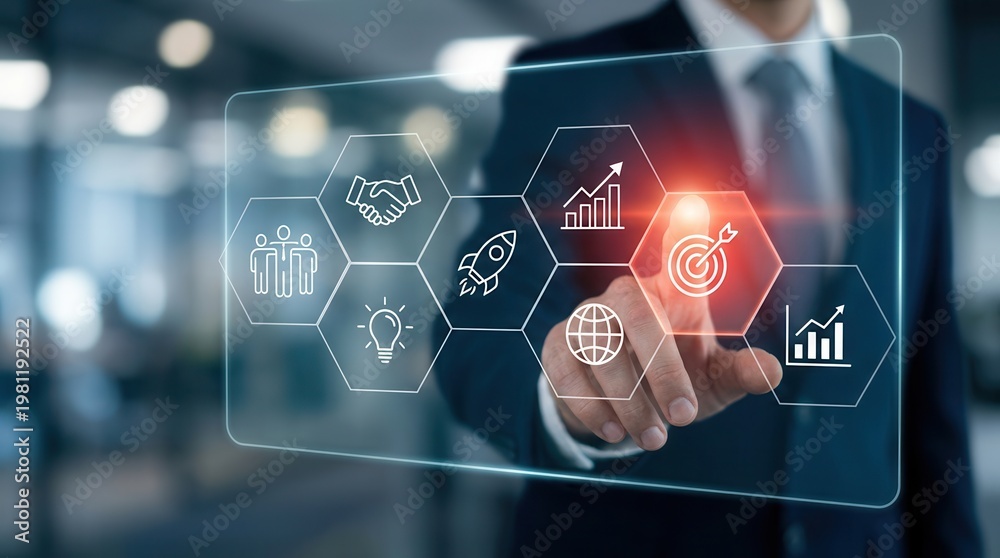 Fototapeta premium A professional interacting with a virtual screen to select business strategy elements like partnership, growth, and technology, aiming for goal achievement.