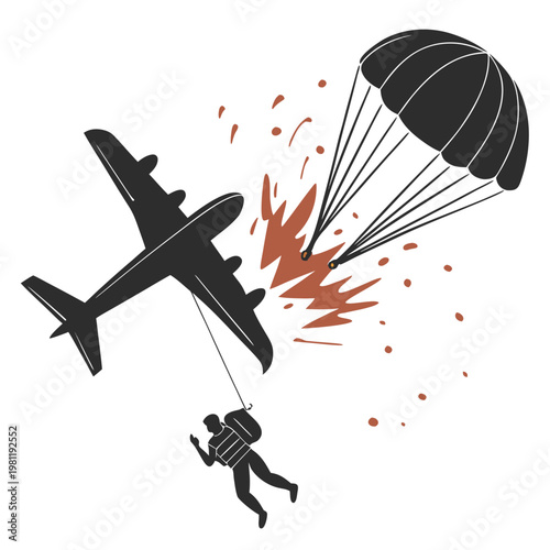 A dramatic depiction showcases a silhouetted airplane with a parachutist escaping amidst an explosion suggesting a risky scenario high quality professional detailed