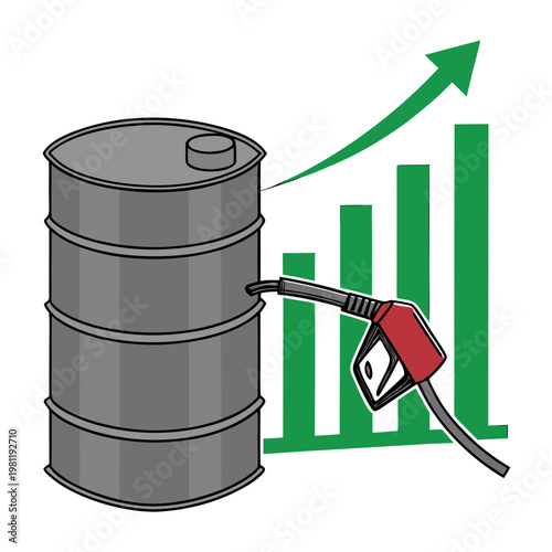 An illustration depicts a gray oil barrel alongside a rising graph and a red fuel nozzle symbolizing increasing energy prices high quality
